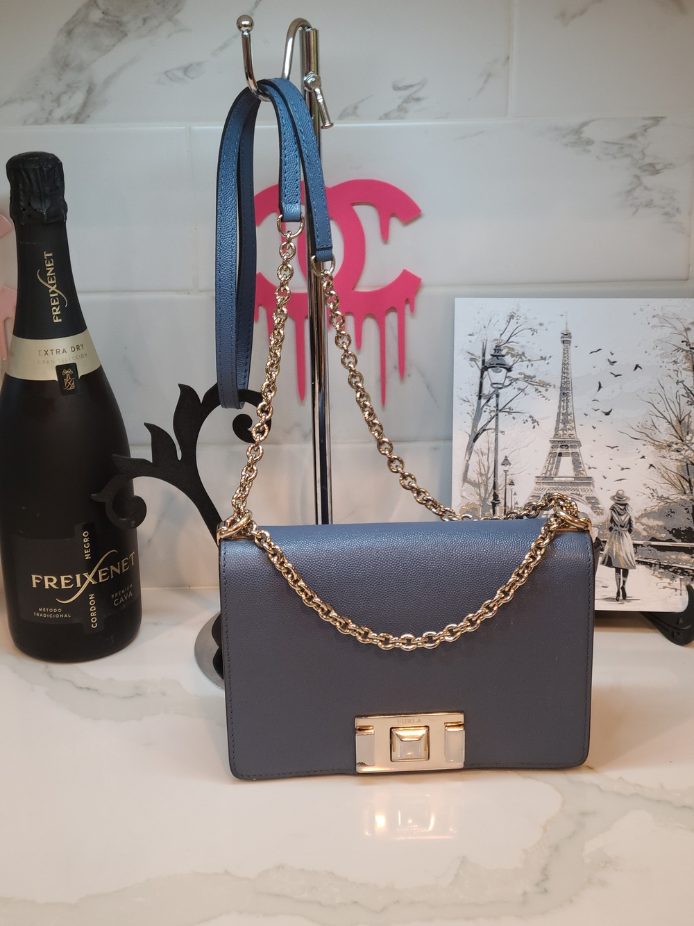 Furla Blue Leather Chain Crossbody Bag with Gold Hardware and COA